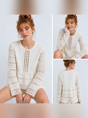 New MANGO Embroidered Cotton Openwork   Top Crochet Blouse MNG Cotton